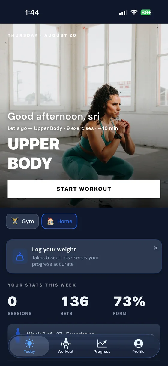 The Today screen: a greeting, the session name, and one Start Workout button.
