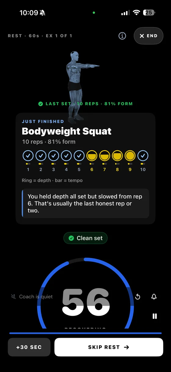 The rest screen: a ring per rep showing depth, a bar showing tempo, and a note about where the set slowed.