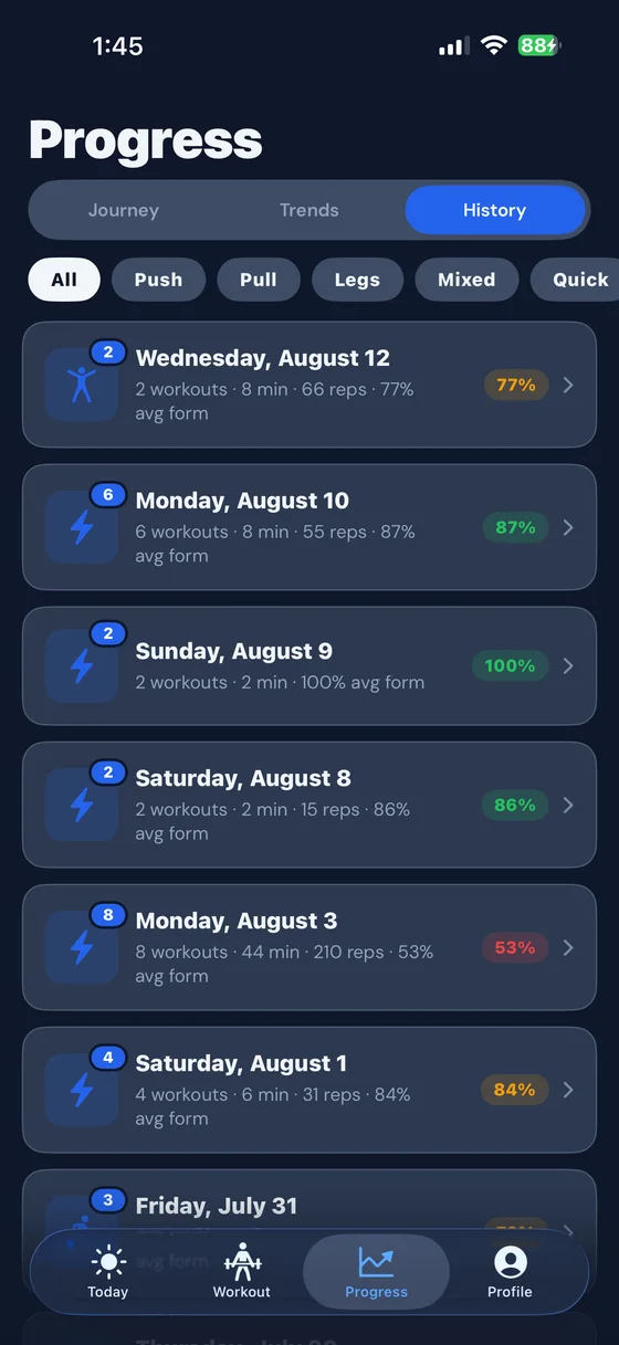 Workout history, each day showing reps, minutes and an average form percentage.